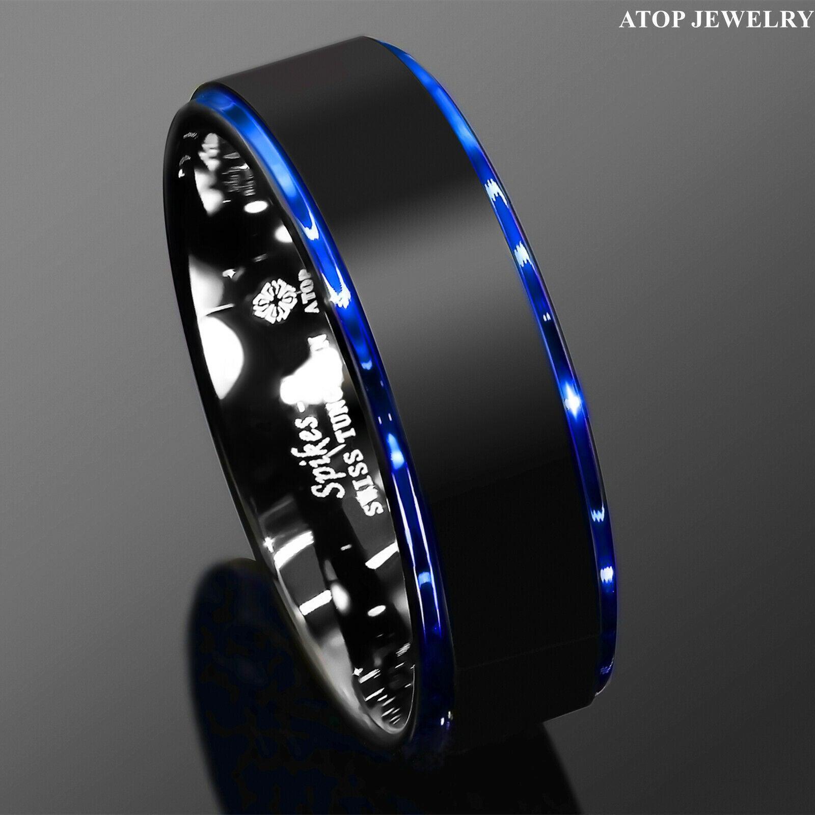 Tungsten Rings for Men Wedding Bands for Him Womens Wedding Bands for Her 8mm Black Brushed Blue Stripe - Jewelry Store by Erik Rayo