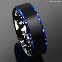 Load image into Gallery viewer, Tungsten Rings for Men Wedding Bands for Him Womens Wedding Bands for Her 8mm Black Brushed Blue Stripe - Jewelry Store by Erik Rayo
