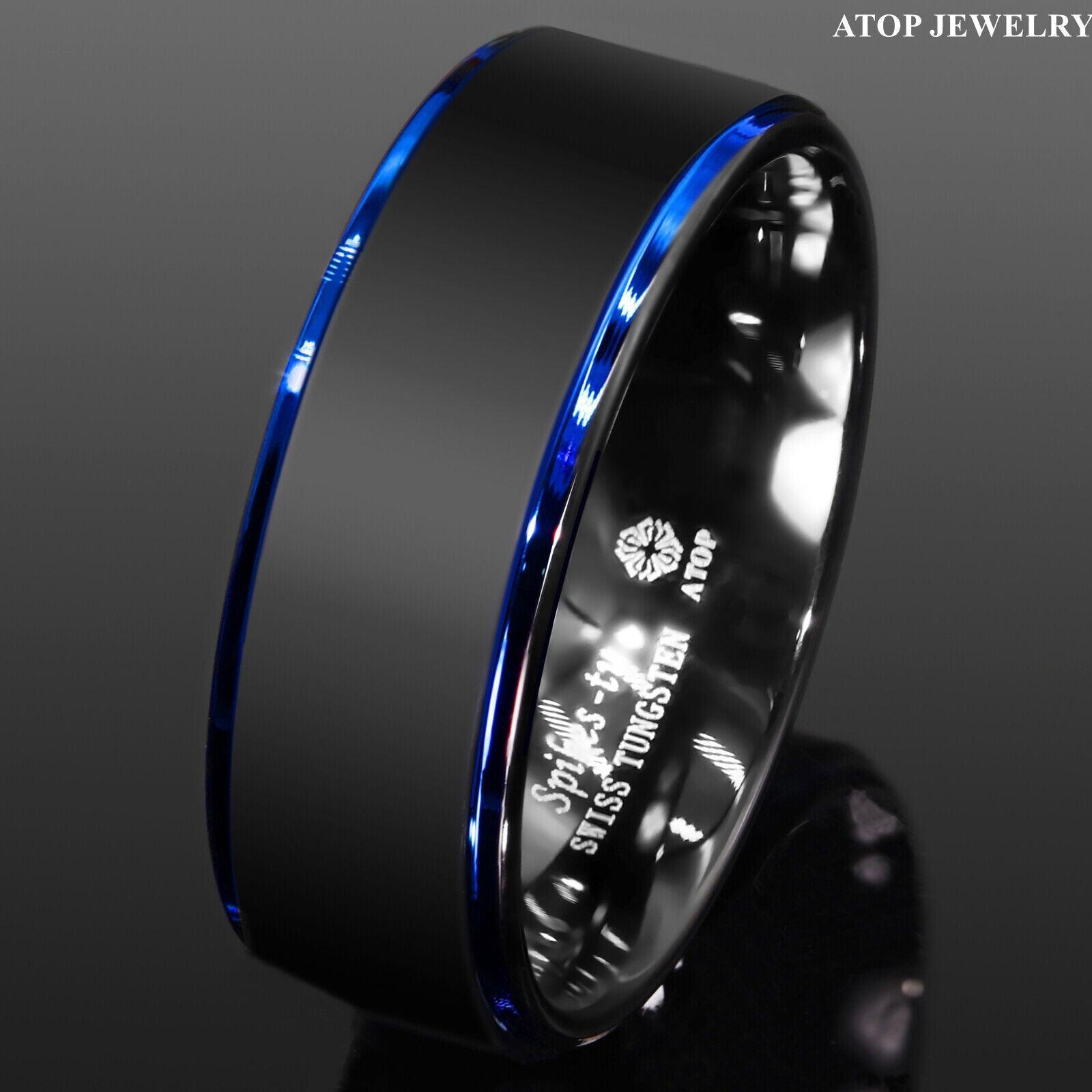 Tungsten Rings for Men Wedding Bands for Him Womens Wedding Bands for Her 8mm Black Brushed Blue Stripe - Jewelry Store by Erik Rayo
