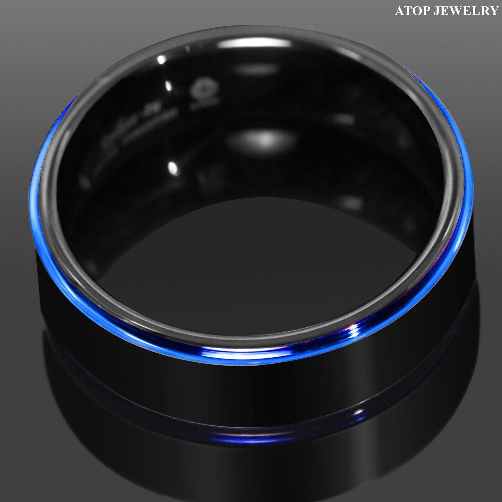 Tungsten Rings for Men Wedding Bands for Him Womens Wedding Bands for Her 8mm Black Brushed Blue Stripe - Jewelry Store by Erik Rayo