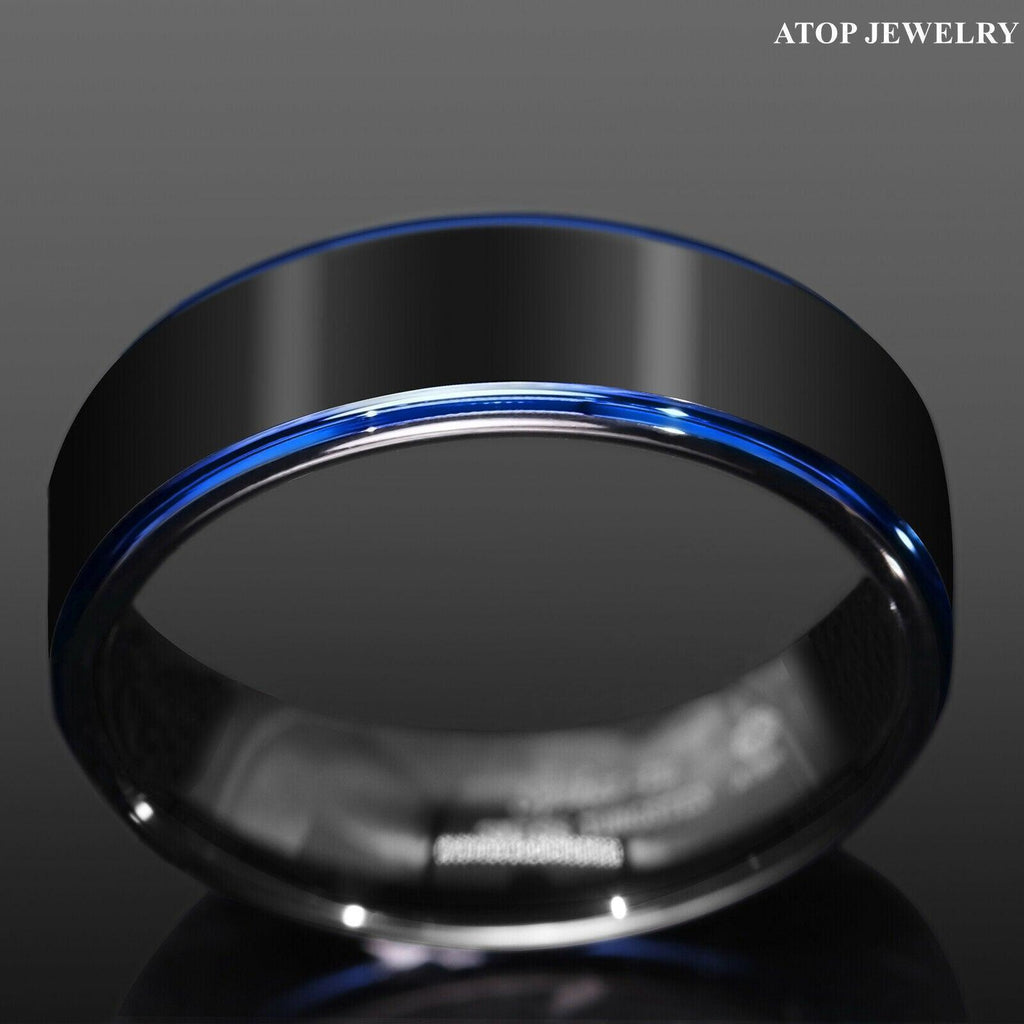 Tungsten Rings for Men Wedding Bands for Him Womens Wedding Bands for Her 8mm Black Brushed Blue Stripe - Jewelry Store by Erik Rayo