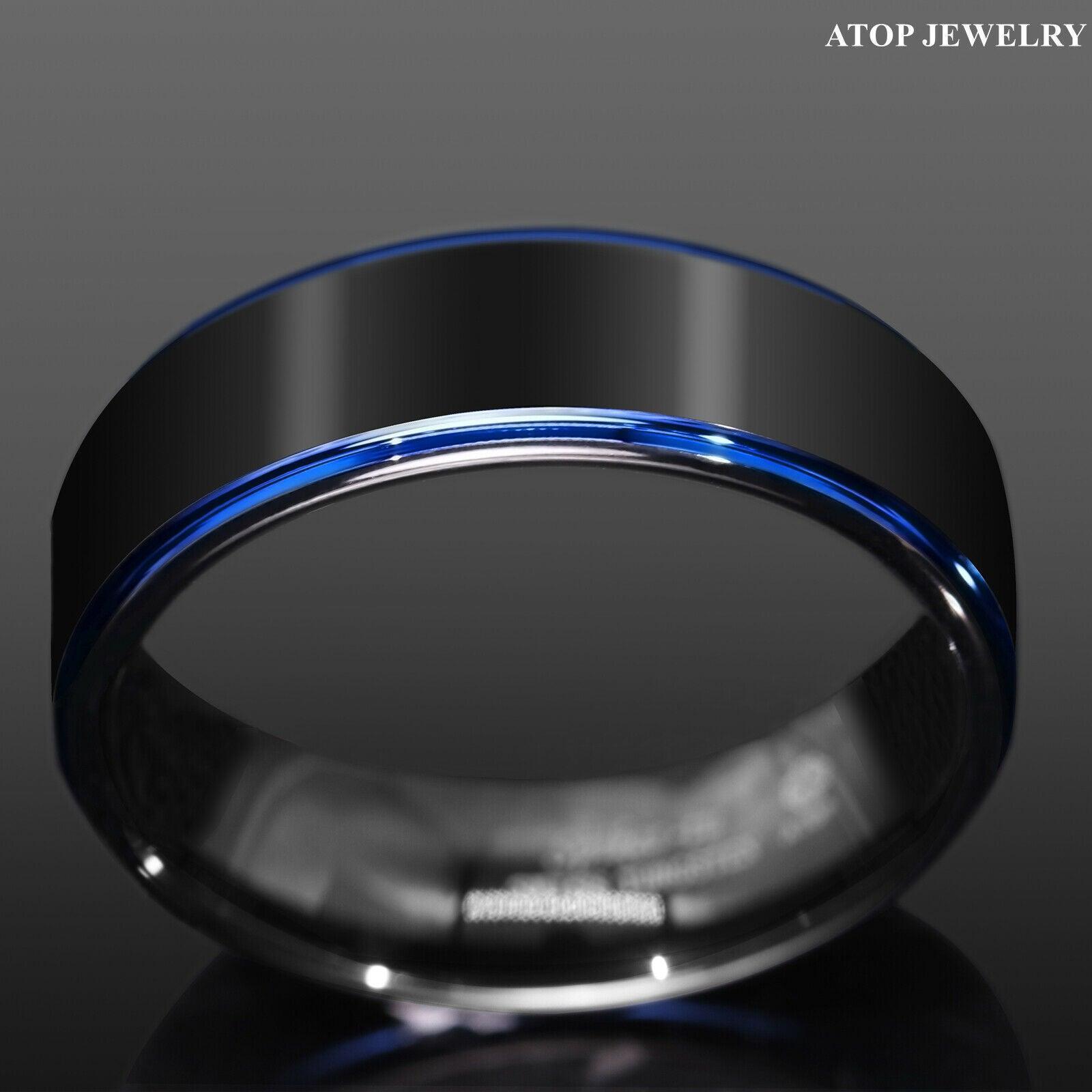 Tungsten Rings for Men Wedding Bands for Him Womens Wedding Bands for Her 8mm Black Brushed Blue Stripe - Jewelry Store by Erik Rayo