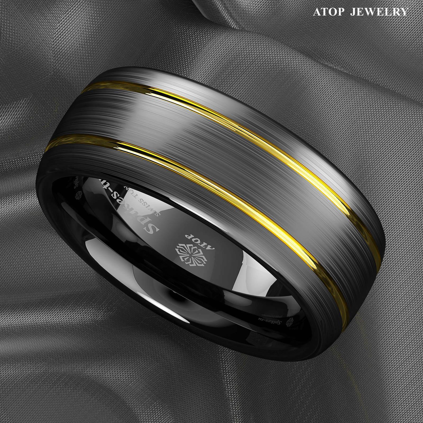 Tungsten Rings for Men Wedding Bands for Him Womens Wedding Bands for Her 8mm Black Brushed Dome 18k Gold Plated - Jewelry Store by Erik Rayo