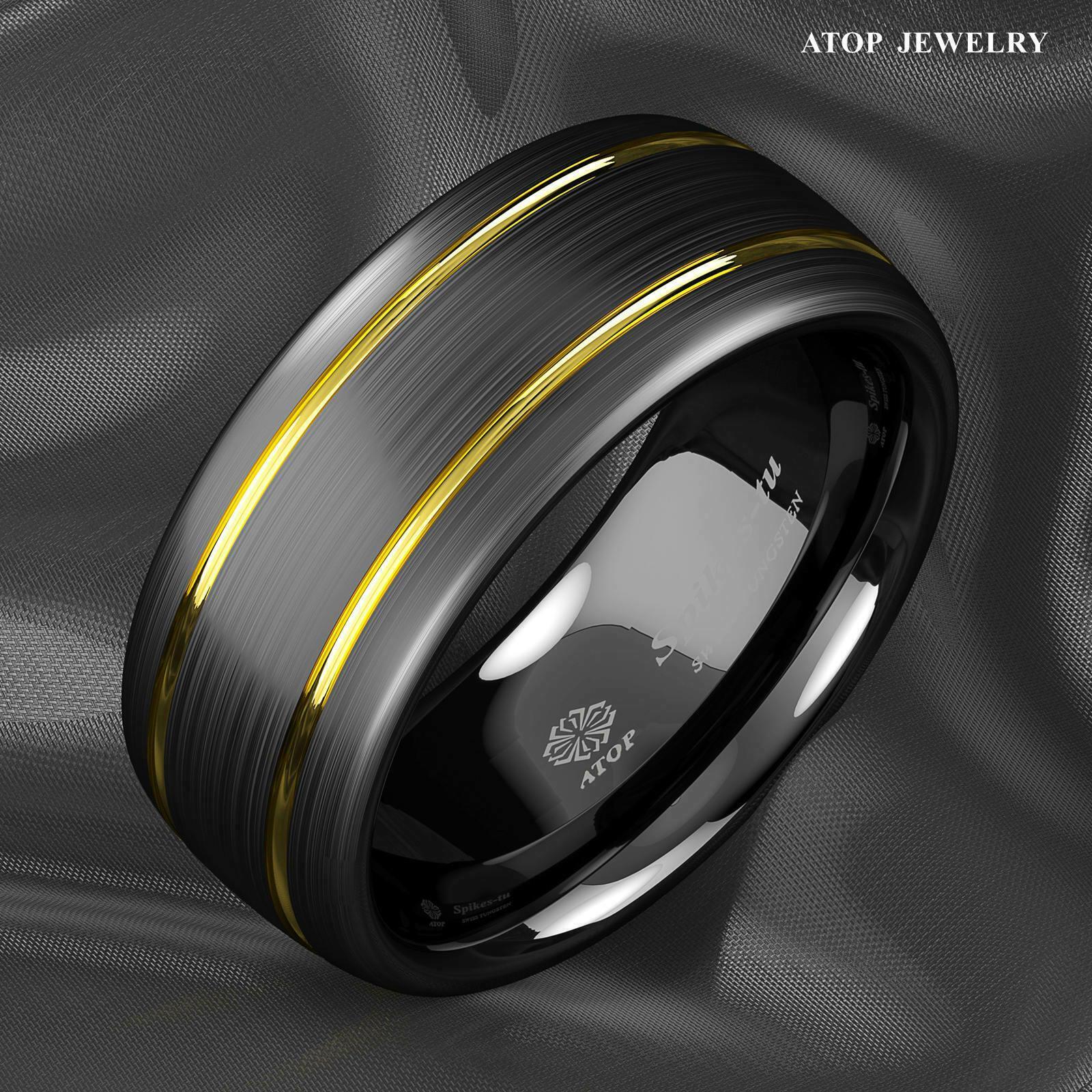 Tungsten Rings for Men Wedding Bands for Him Womens Wedding Bands for Her 8mm Black Brushed Dome 18k Gold Plated - Jewelry Store by Erik Rayo