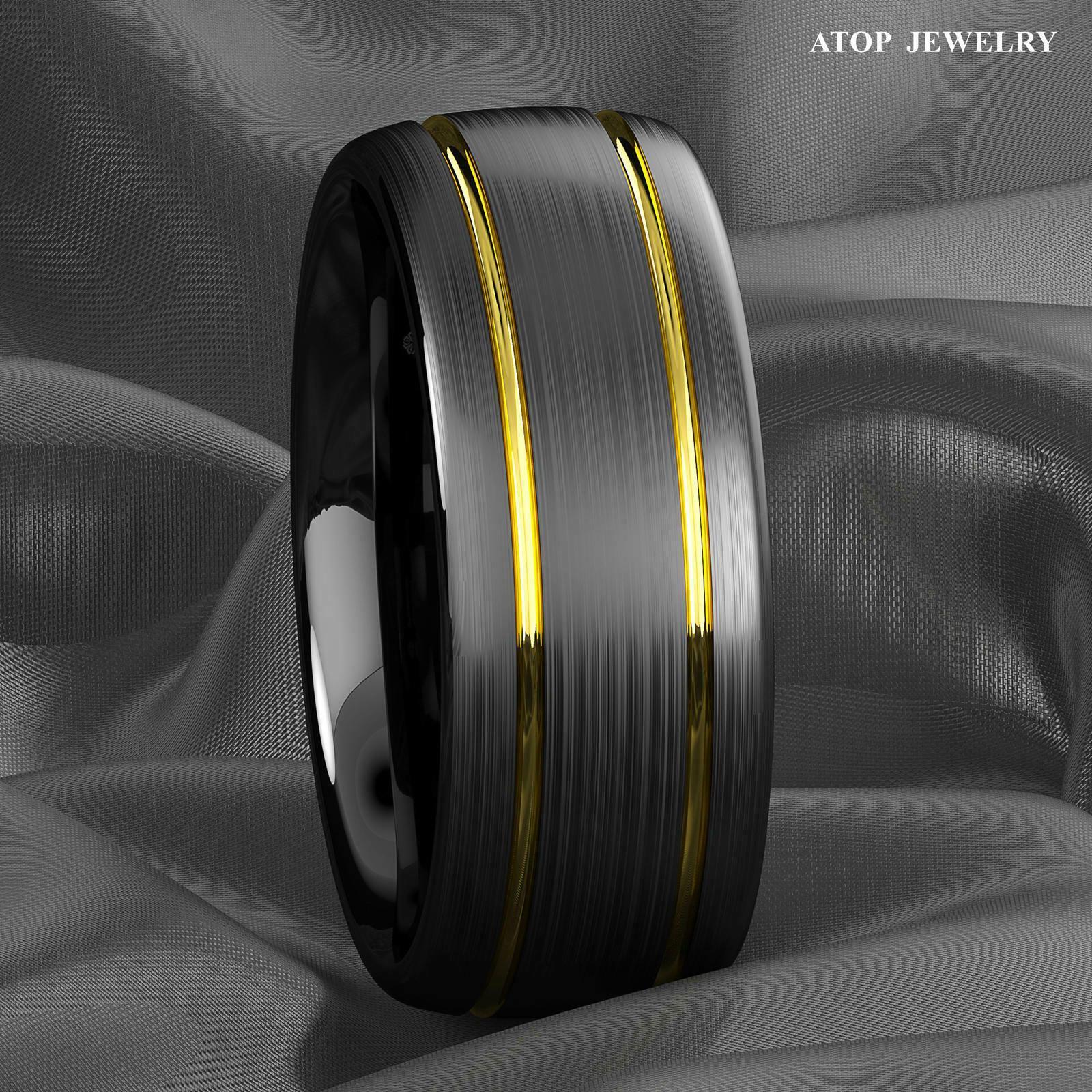 Tungsten Rings for Men Wedding Bands for Him Womens Wedding Bands for Her 8mm Black Brushed Dome 18k Gold Plated - Jewelry Store by Erik Rayo