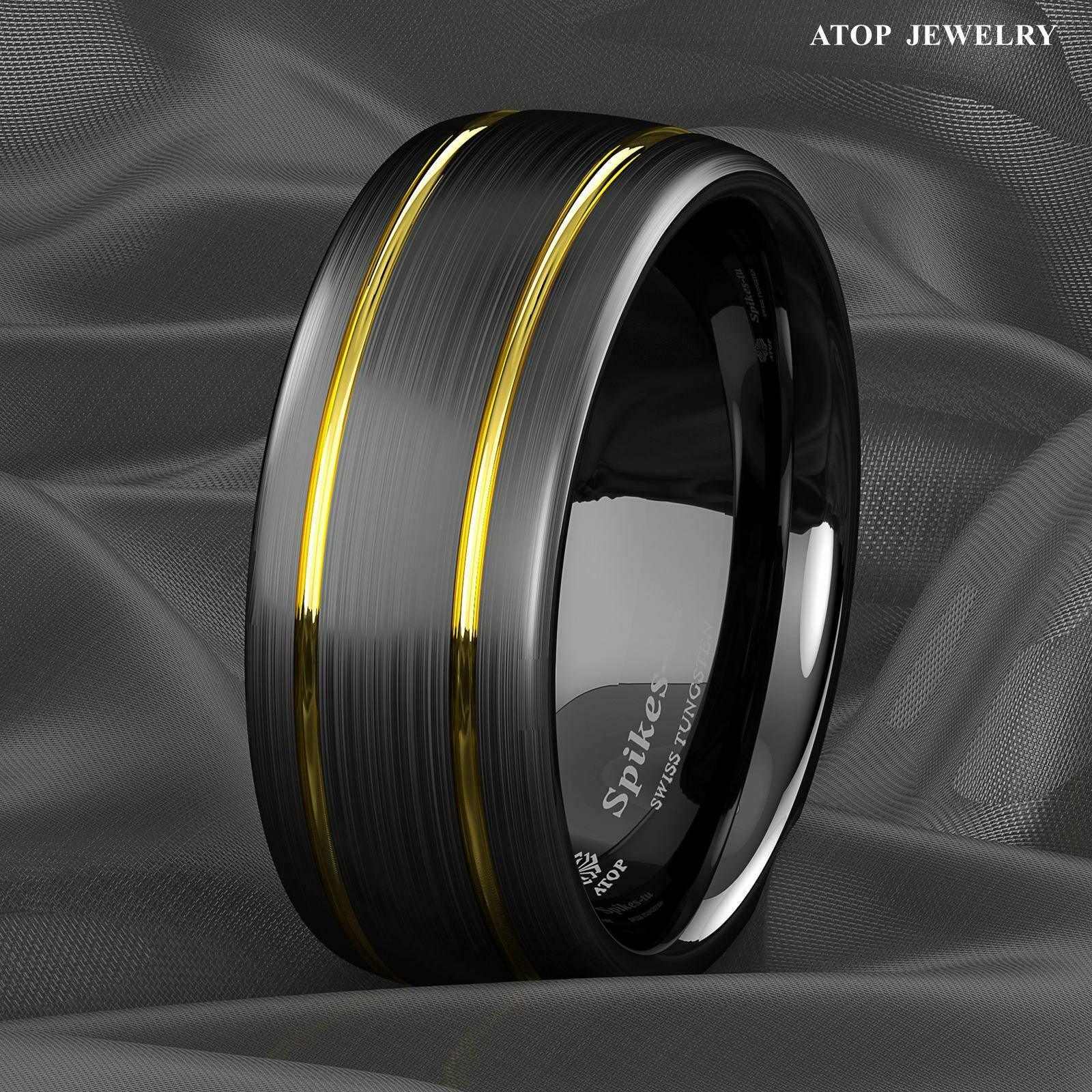 Tungsten Rings for Men Wedding Bands for Him Womens Wedding Bands for Her 8mm Black Brushed Dome 18k Gold Plated - Jewelry Store by Erik Rayo