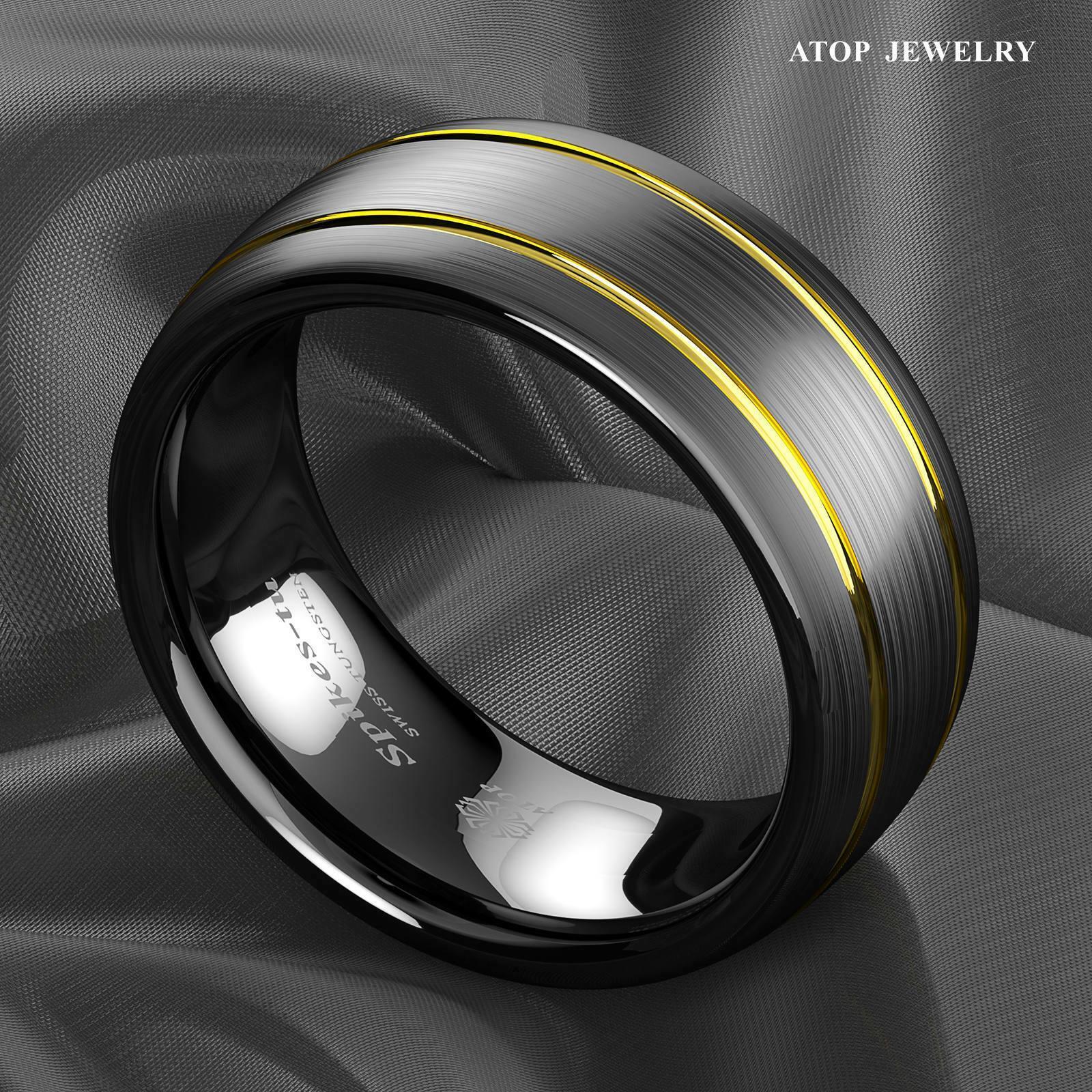 Tungsten Rings for Men Wedding Bands for Him Womens Wedding Bands for Her 8mm Black Brushed Dome 18k Gold Plated - Jewelry Store by Erik Rayo