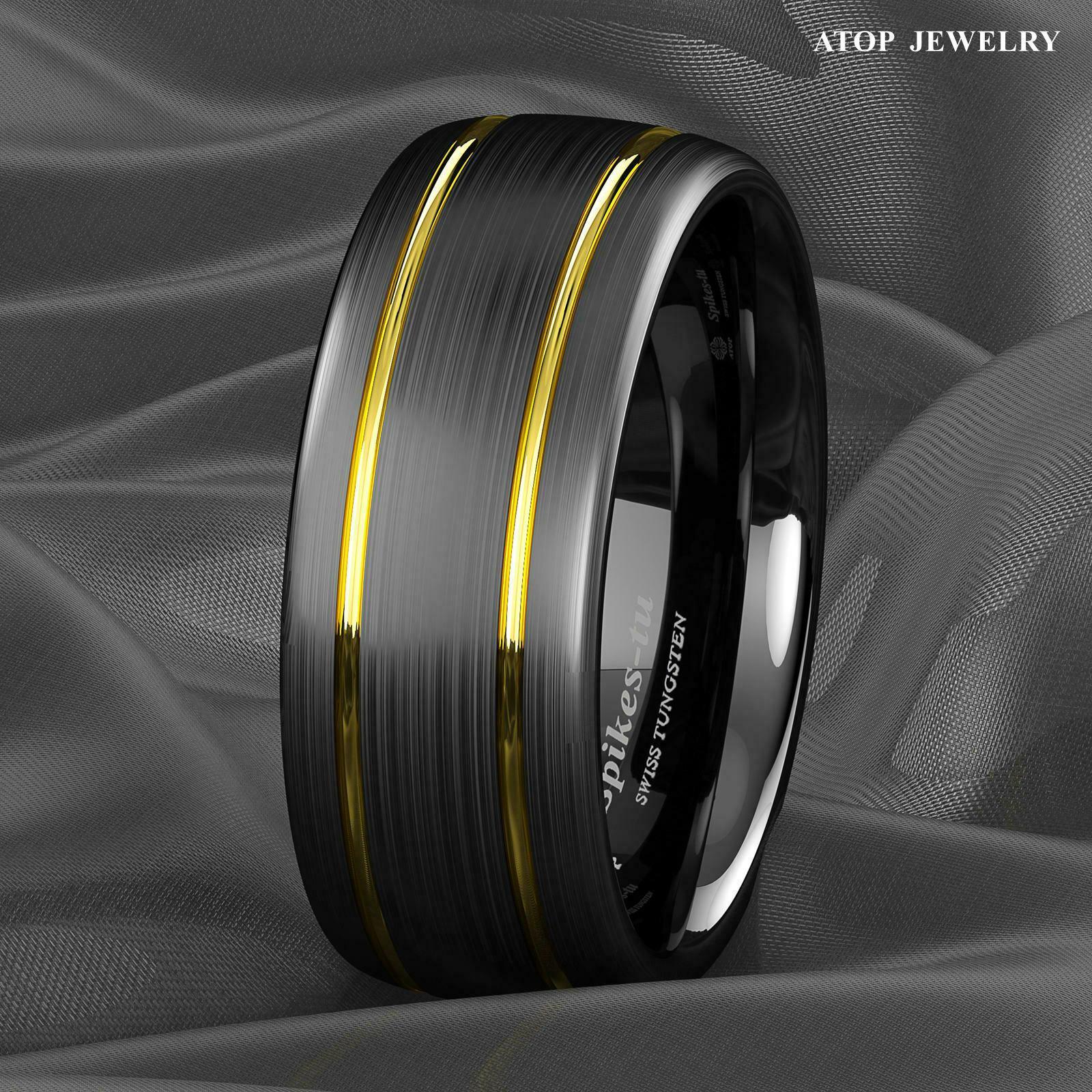 Tungsten Rings for Men Wedding Bands for Him Womens Wedding Bands for Her 8mm Black Brushed Dome 18k Gold Plated - Jewelry Store by Erik Rayo
