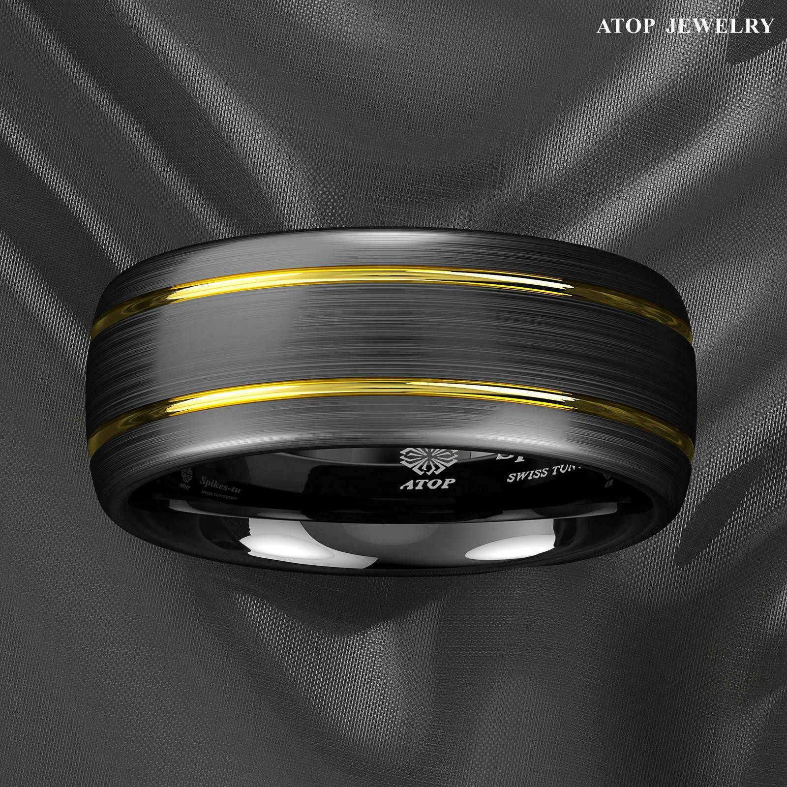 Tungsten Rings for Men Wedding Bands for Him Womens Wedding Bands for Her 8mm Black Brushed Dome 18k Gold Plated - Jewelry Store by Erik Rayo