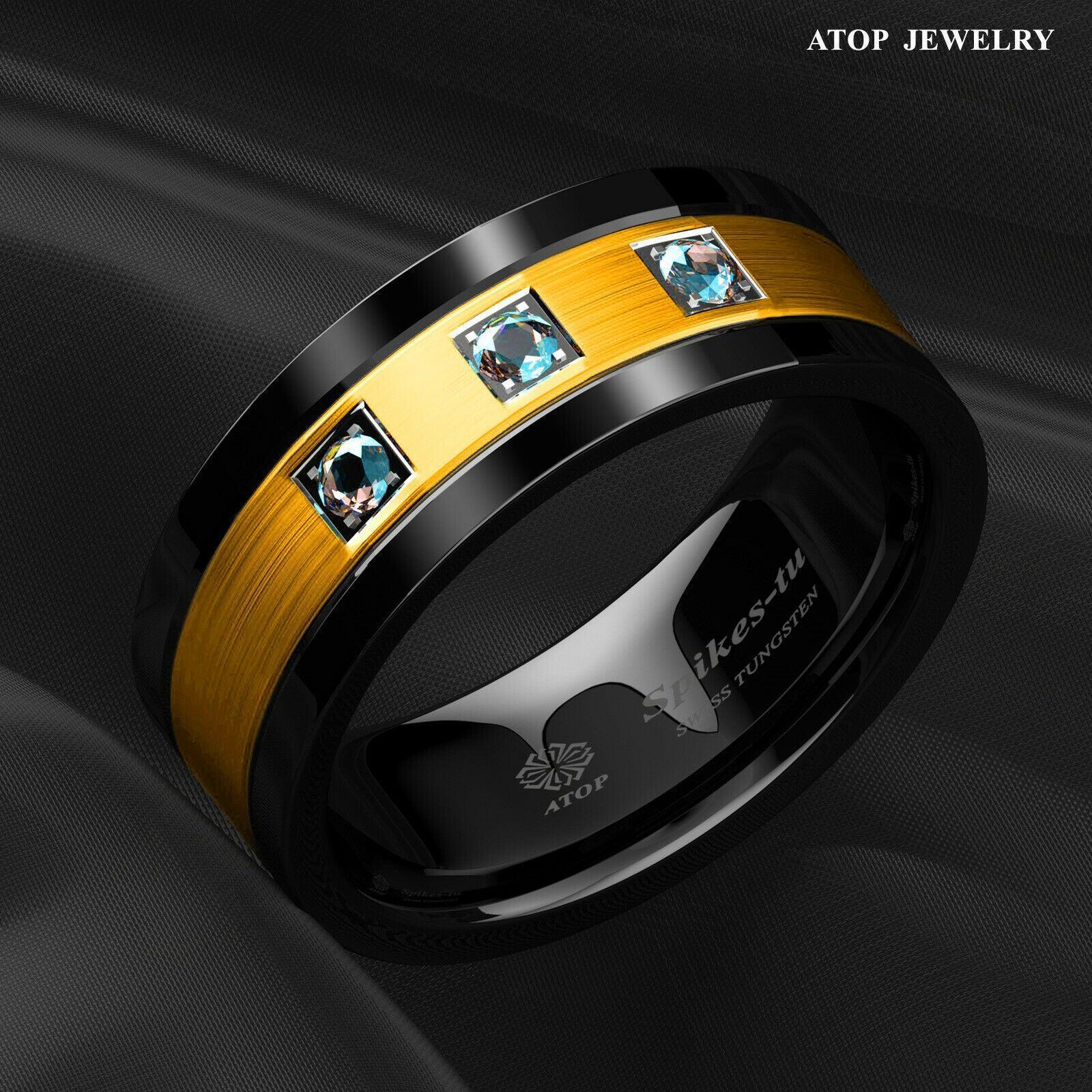 Tungsten Rings for Men Wedding Bands for Him Womens Wedding Bands for Her 8mm Black Brushed Gold Diamonds - Jewelry Store by Erik Rayo