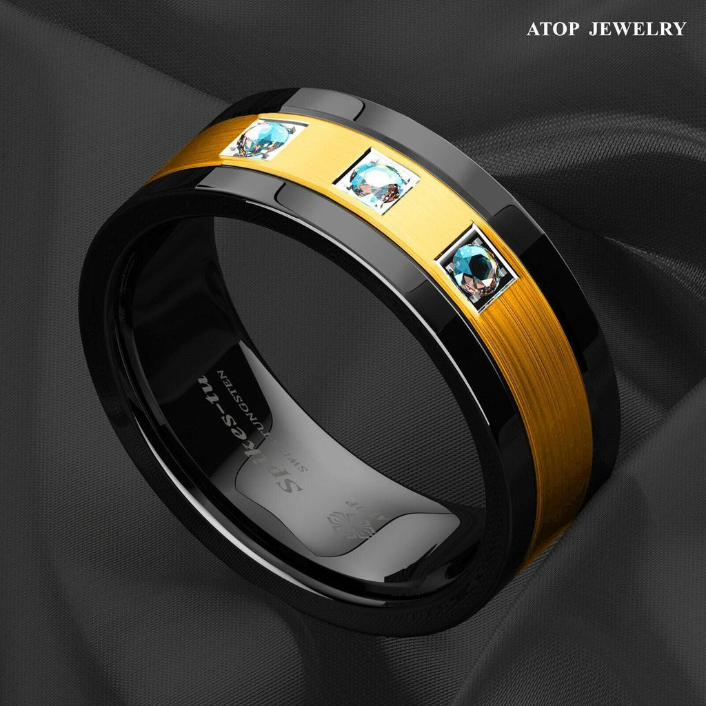 Tungsten Rings for Men Wedding Bands for Him Womens Wedding Bands for Her 8mm Black Brushed Gold Diamonds - Jewelry Store by Erik Rayo