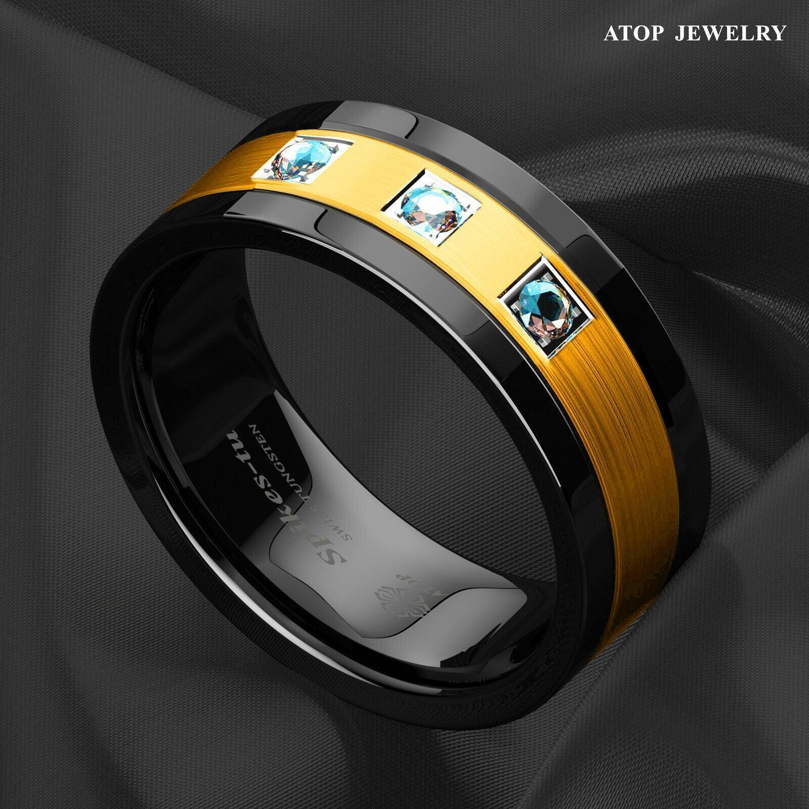 Tungsten Rings for Men Wedding Bands for Him Womens Wedding Bands for Her 8mm Black Brushed Gold Diamonds - Jewelry Store by Erik Rayo
