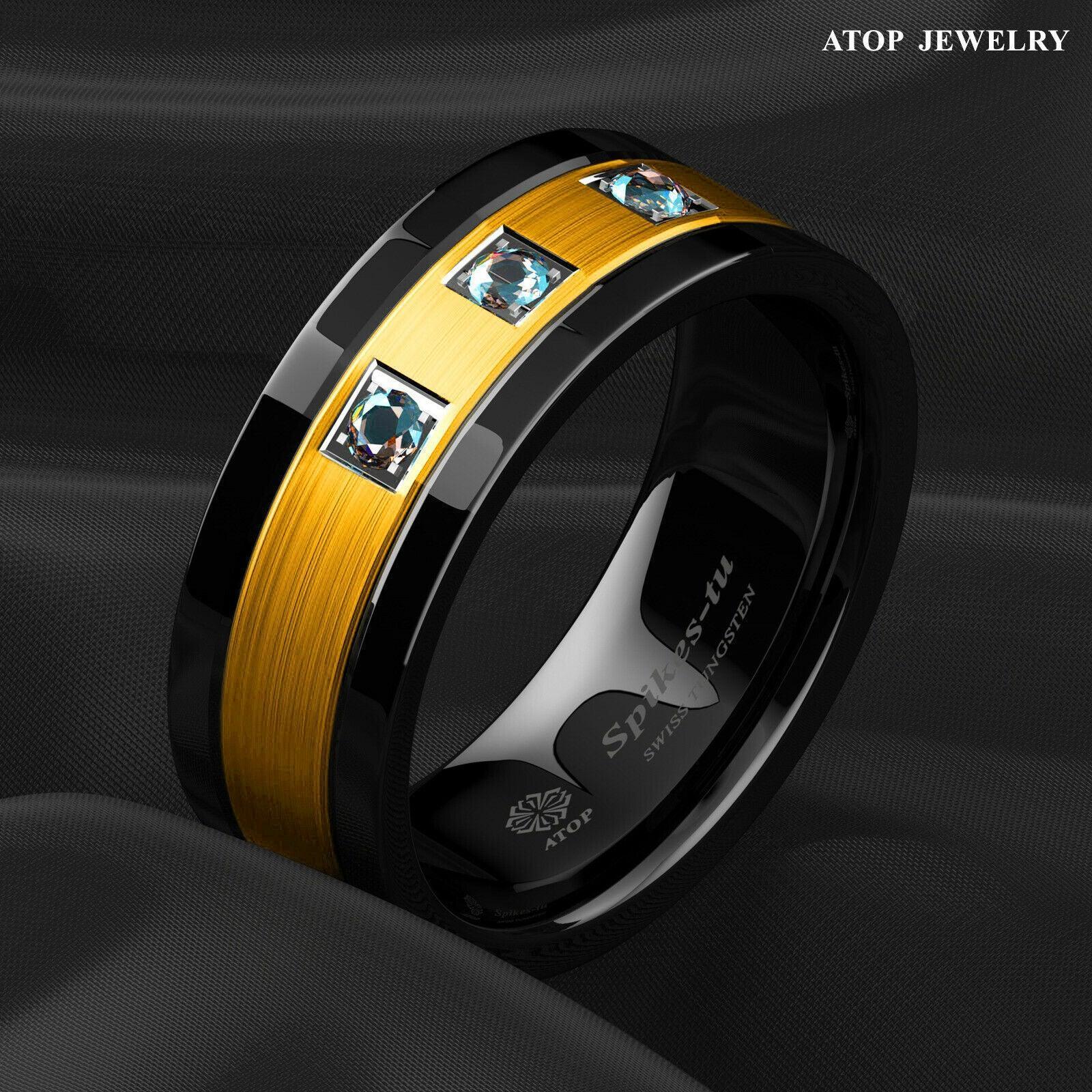 Tungsten Rings for Men Wedding Bands for Him Womens Wedding Bands for Her 8mm Black Brushed Gold Diamonds - Jewelry Store by Erik Rayo