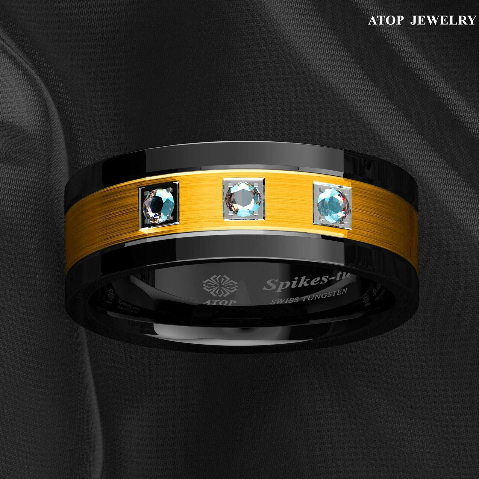 Tungsten Rings for Men Wedding Bands for Him Womens Wedding Bands for Her 8mm Black Brushed Gold Diamonds - Jewelry Store by Erik Rayo