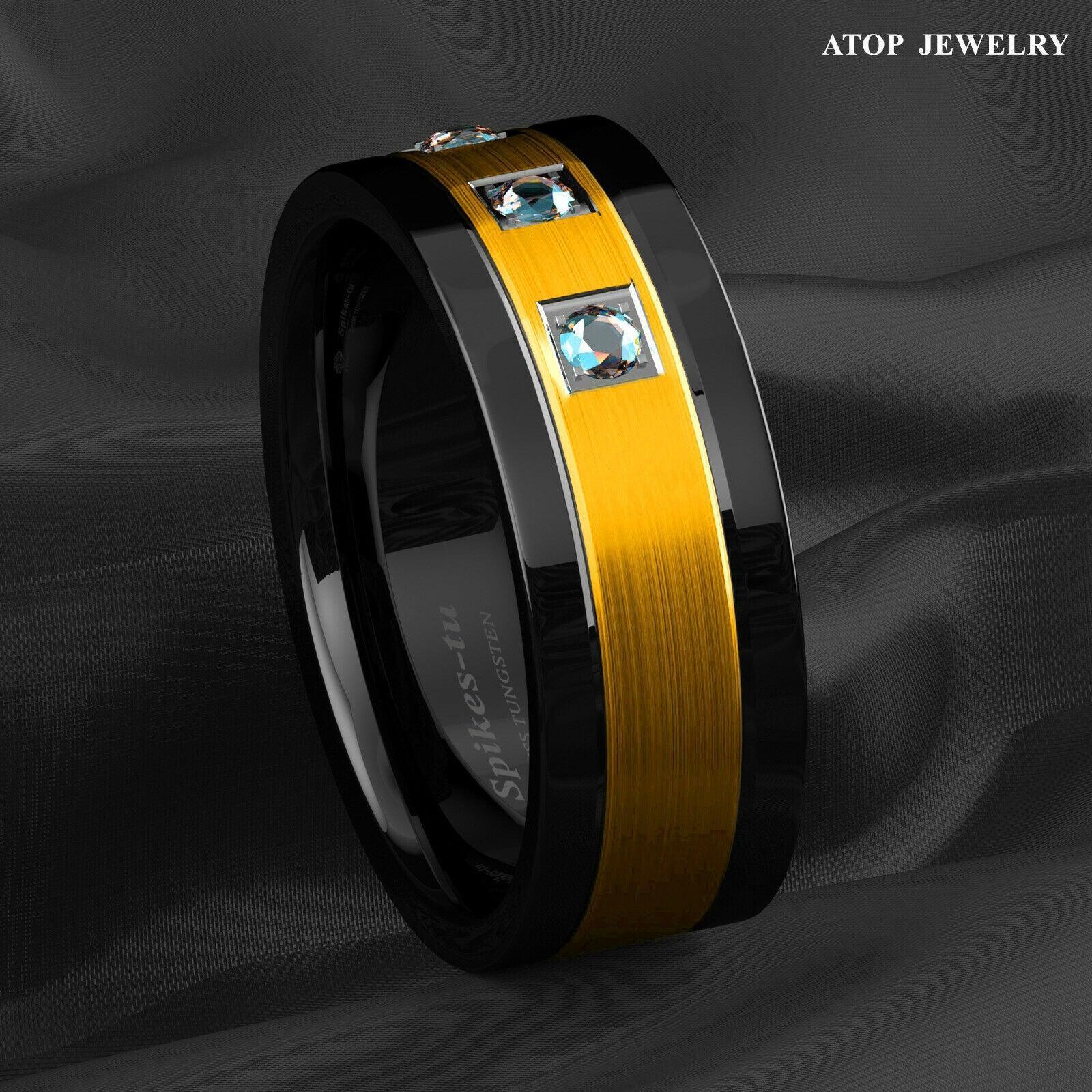 Tungsten Rings for Men Wedding Bands for Him Womens Wedding Bands for Her 8mm Black Brushed Gold Diamonds - Jewelry Store by Erik Rayo