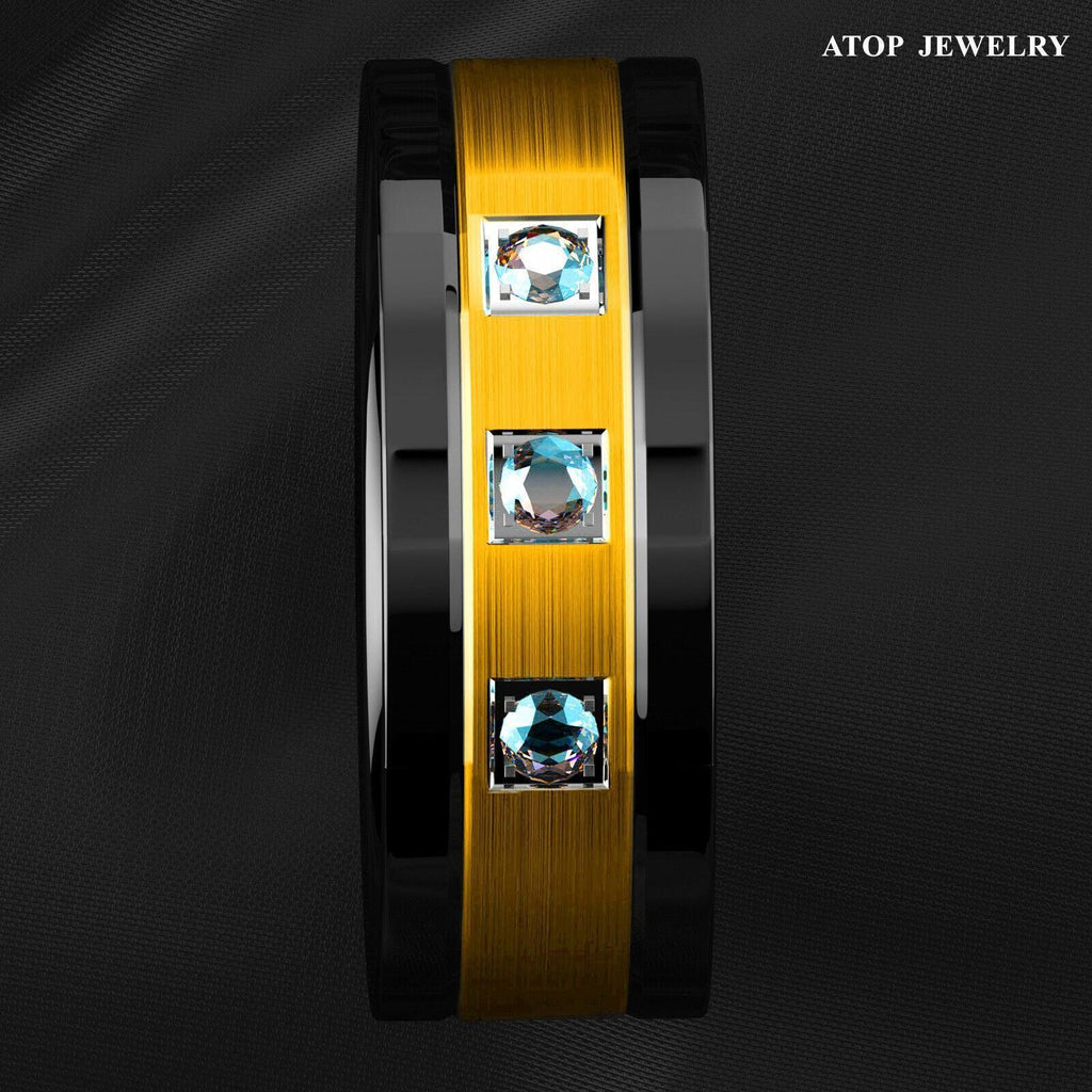 Tungsten Rings for Men Wedding Bands for Him Womens Wedding Bands for Her 8mm Black Brushed Gold Diamonds - Jewelry Store by Erik Rayo