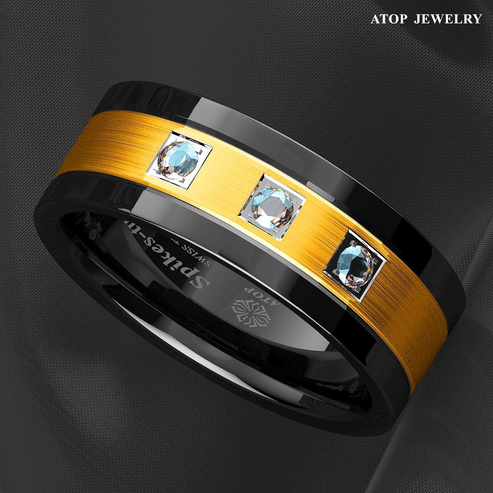 Tungsten Rings for Men Wedding Bands for Him Womens Wedding Bands for Her 8mm Black Brushed Gold Diamonds - Jewelry Store by Erik Rayo
