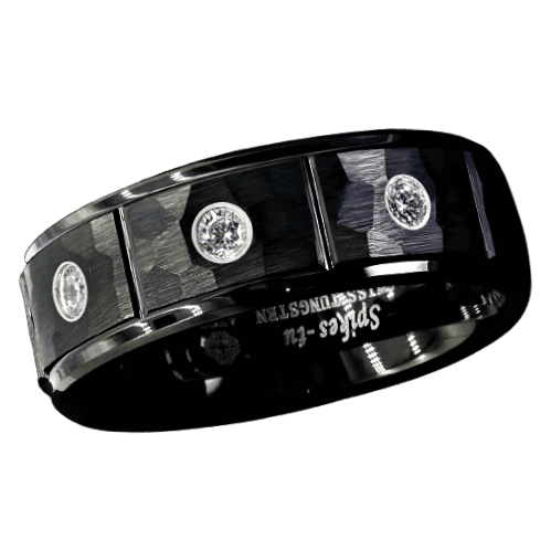 Tungsten Rings for Men Wedding Bands for Him Womens Wedding Bands for Her 8mm Black Brushed Rock Skin 3 Diamonds Inlay - Jewelry Store by Erik Rayo