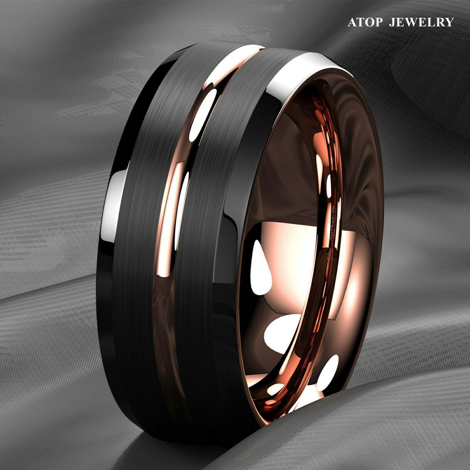 Tungsten Rings for Men Wedding Bands for Him Womens Wedding Bands for Her 8mm Black Brushed Rose Gold - Jewelry Store by Erik Rayo
