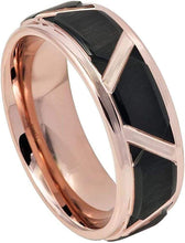 Load image into Gallery viewer, Men&#39;s Wedding Band - Black Brushed Trapezoid Center with Rose Gold - Rings for Men and Women
