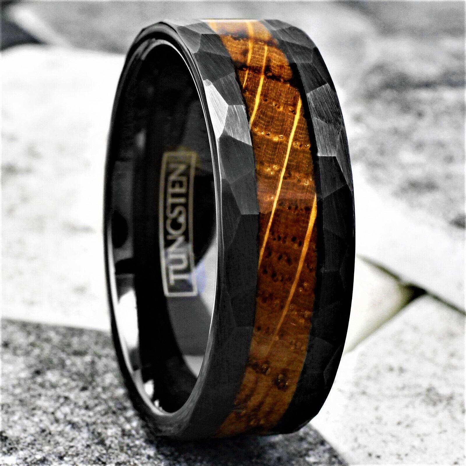 Tungsten Rings for Men Wedding Bands for Him Womens Wedding Bands for Her 8mm Black Charred Whiskey Barrel Wood - Jewelry Store by Erik Rayo