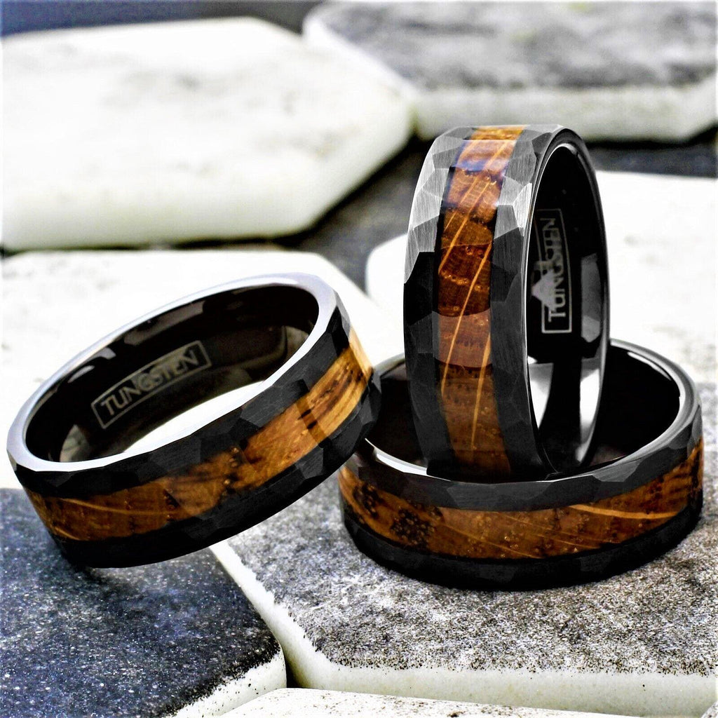 Tungsten Rings for Men Wedding Bands for Him Womens Wedding Bands for Her 8mm Black Charred Whiskey Barrel Wood - Jewelry Store by Erik Rayo