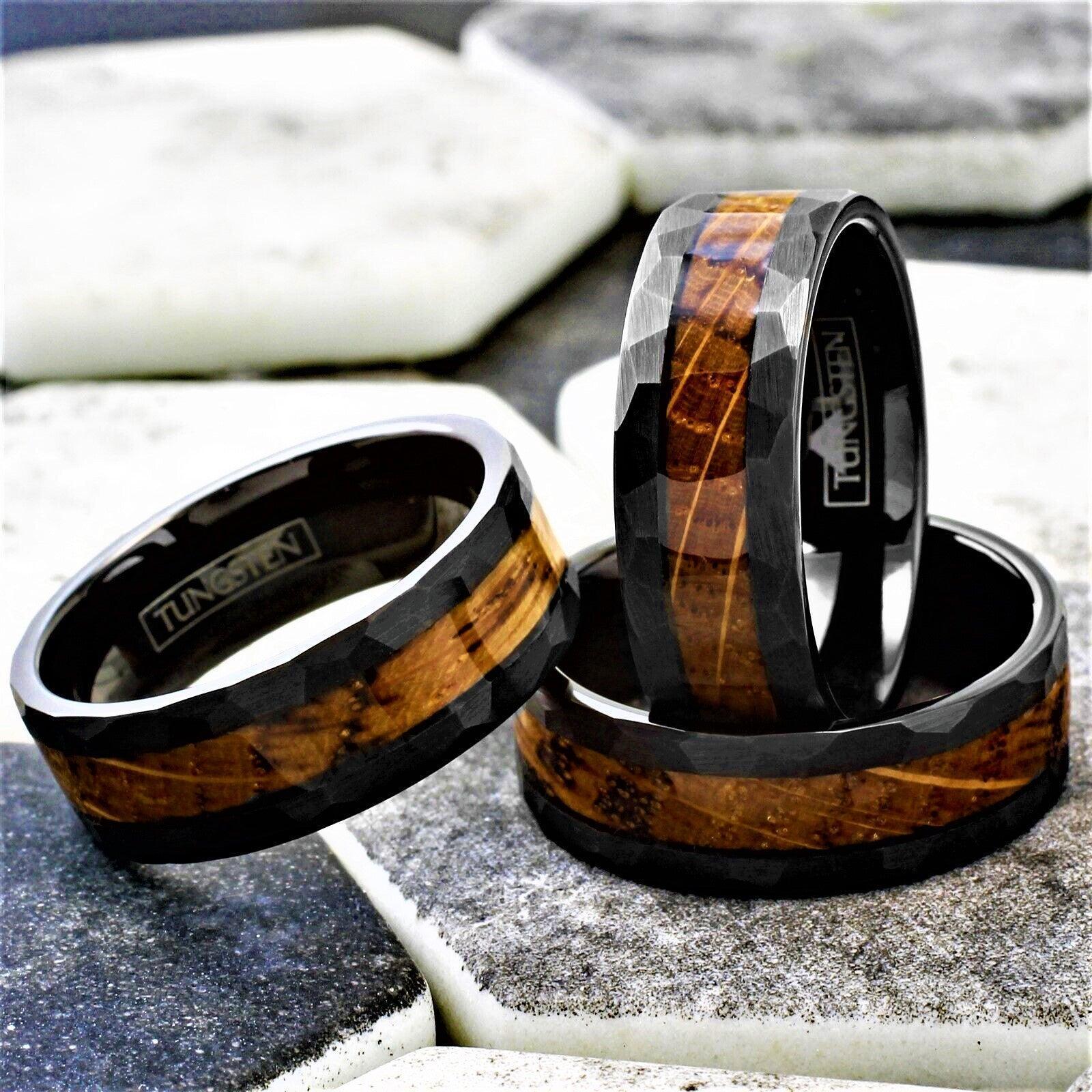 Tungsten Rings for Men Wedding Bands for Him Womens Wedding Bands for Her 8mm Black Charred Whiskey Barrel Wood - Jewelry Store by Erik Rayo