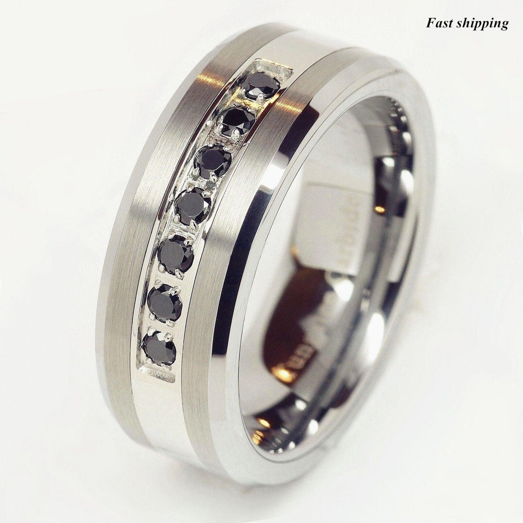 Tungsten Rings for Men Wedding Bands for Him Womens Wedding Bands for Her 8mm Black CZ Inlay Mens Band Brushed Size 6-13 - Jewelry Store by Erik Rayo