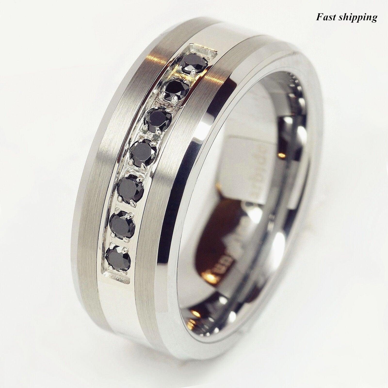 Tungsten Rings for Men Wedding Bands for Him Womens Wedding Bands for Her 8mm Black CZ Inlay Mens Band Brushed Size 6-13 - Jewelry Store by Erik Rayo