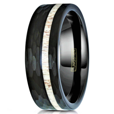 Men's Wedding Band Ring - Black Deer Antler Stripe Hammered Design - Women's/Men's Wedding Rings