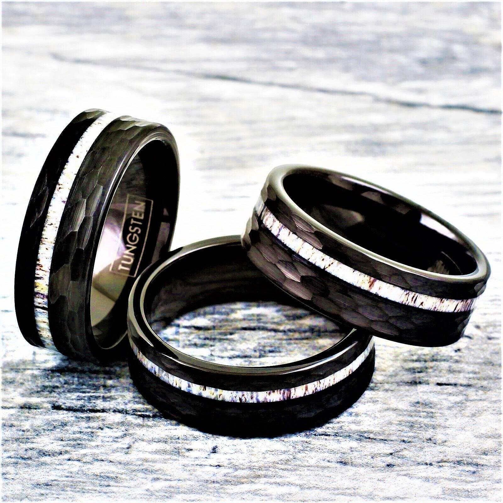 Men's Wedding Band Ring - Black Deer Antler Stripe Hammered Design - Women's/Men's Wedding Rings - Jewelry Store by Erik Rayo
