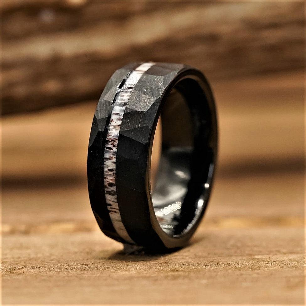 Men's Wedding Band Ring - Black Deer Antler Stripe Hammered Design - Women's/Men's Wedding Rings - Jewelry Store by Erik Rayo