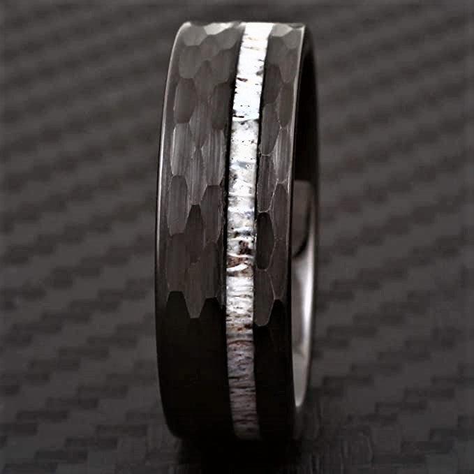 Men's Wedding Band Ring - Black Deer Antler Stripe Hammered Design - Women's/Men's Wedding Rings - Jewelry Store by Erik Rayo