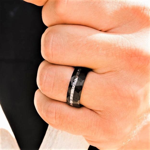 Men's Wedding Band Ring - Black Deer Antler Stripe Hammered Design - Women's/Men's Wedding Rings - Jewelry Store by Erik Rayo