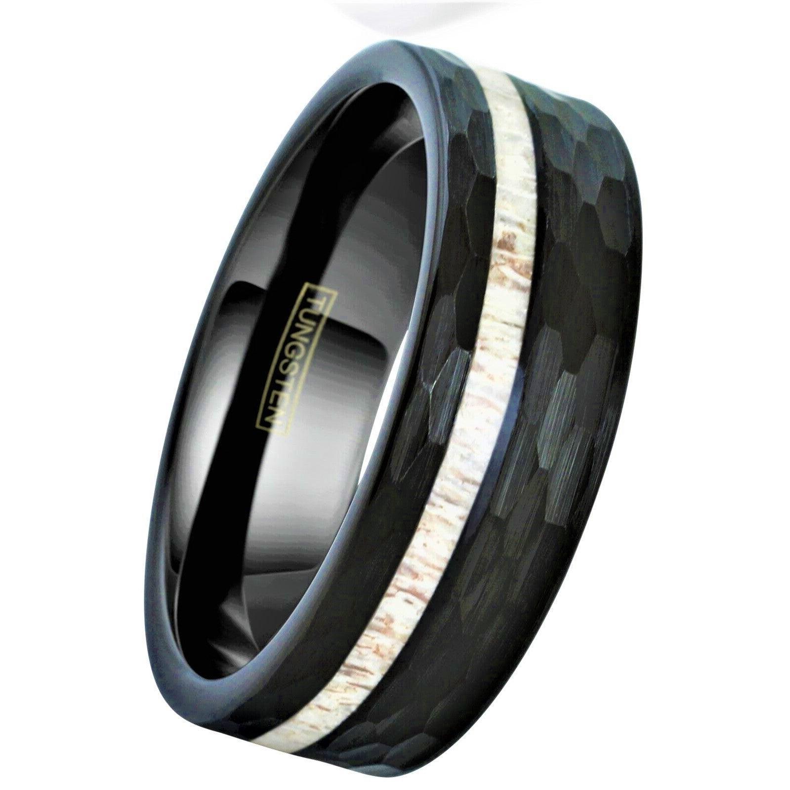 Men's Wedding Band Ring - Black Deer Antler Stripe Hammered Design - Women's/Men's Wedding Rings - Jewelry Store by Erik Rayo