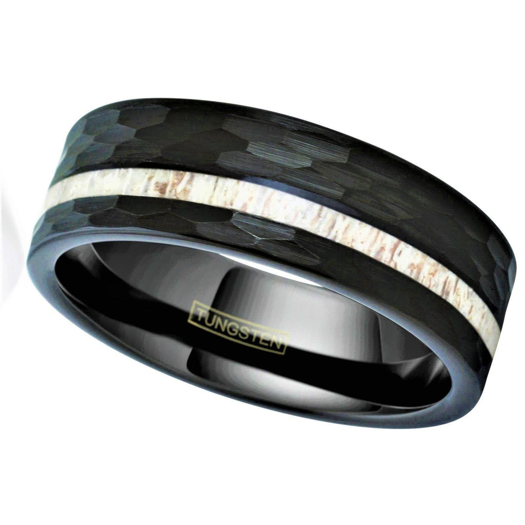 Men's Wedding Band Ring - Black Deer Antler Stripe Hammered Design - Women's/Men's Wedding Rings - Jewelry Store by Erik Rayo
