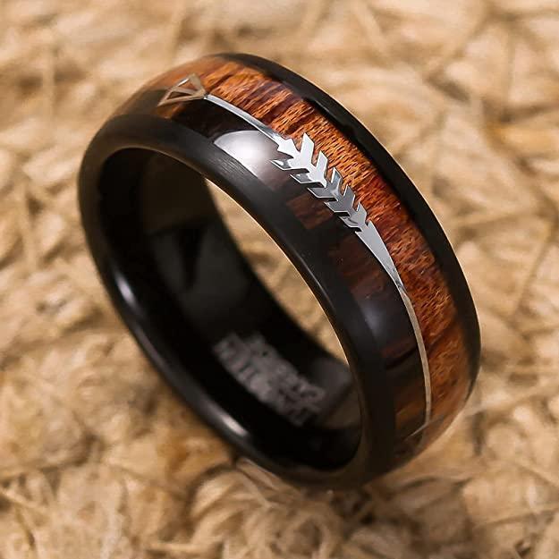 Tungsten Rings for Men Wedding Bands for Him Womens Wedding Bands for Her 8mm Black Dome Wood and Arrow - Jewelry Store by Erik Rayo
