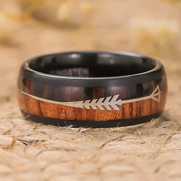 Tungsten Rings for Men Wedding Bands for Him Womens Wedding Bands for Her 8mm Black Dome Wood and Arrow - Jewelry Store by Erik Rayo