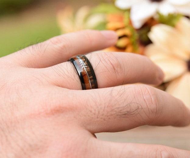 Tungsten Rings for Men Wedding Bands for Him Womens Wedding Bands for Her 8mm Black Dome Wood and Arrow - Jewelry Store by Erik Rayo