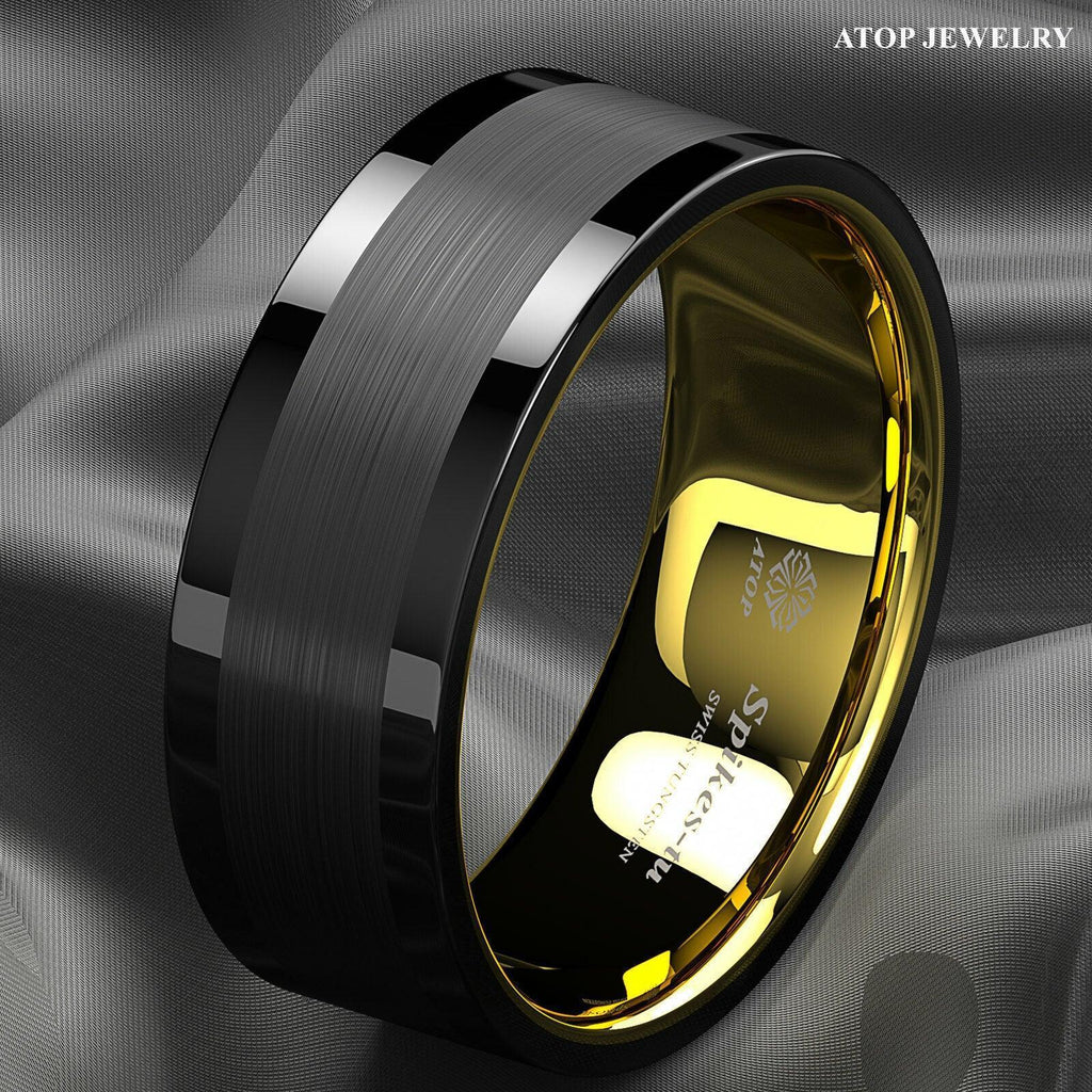 Tungsten Rings for Men Wedding Bands for Him Womens Wedding Bands for Her 8mm Black Gold Brushed Wedding - Jewelry Store by Erik Rayo