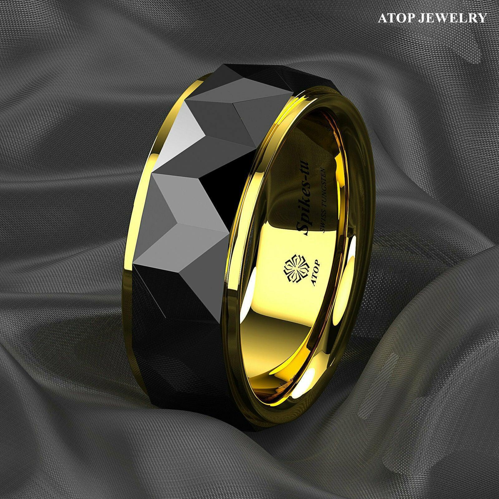 Tungsten Rings for Men Wedding Bands for Him Womens Wedding Bands for Her 8mm Black Gold Diamond Polished - Jewelry Store by Erik Rayo