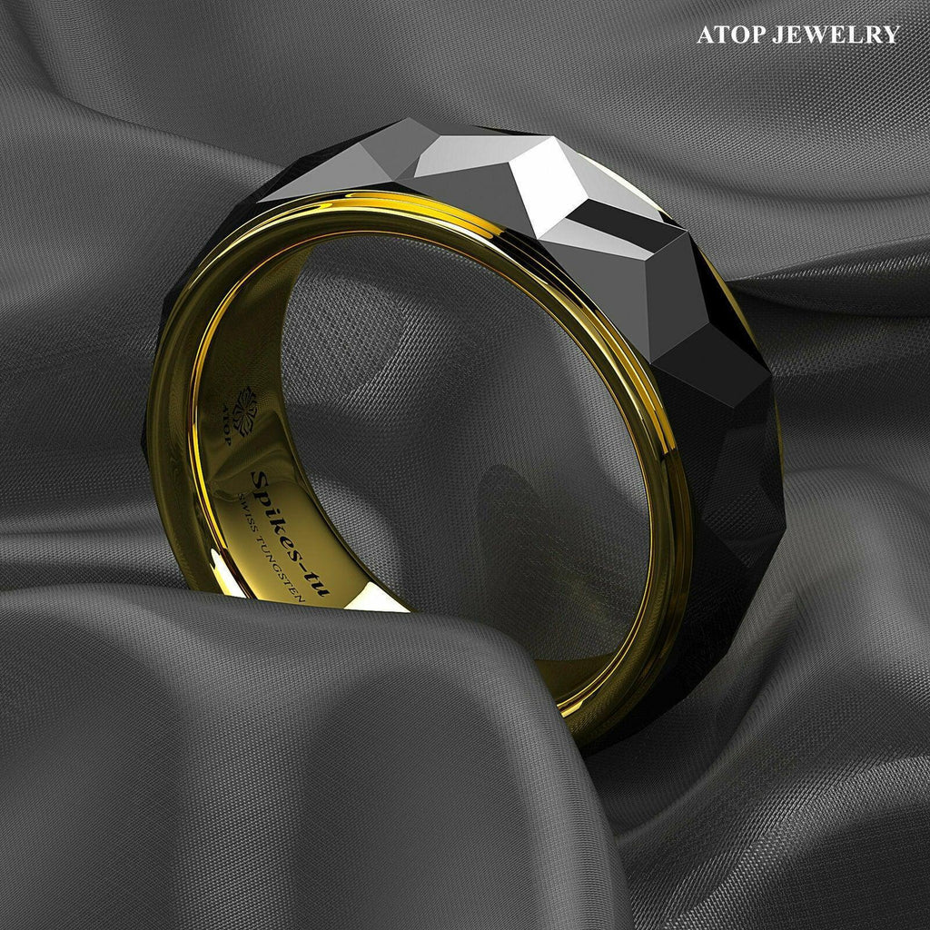 Tungsten Rings for Men Wedding Bands for Him Womens Wedding Bands for Her 8mm Black Gold Diamond Polished - Jewelry Store by Erik Rayo