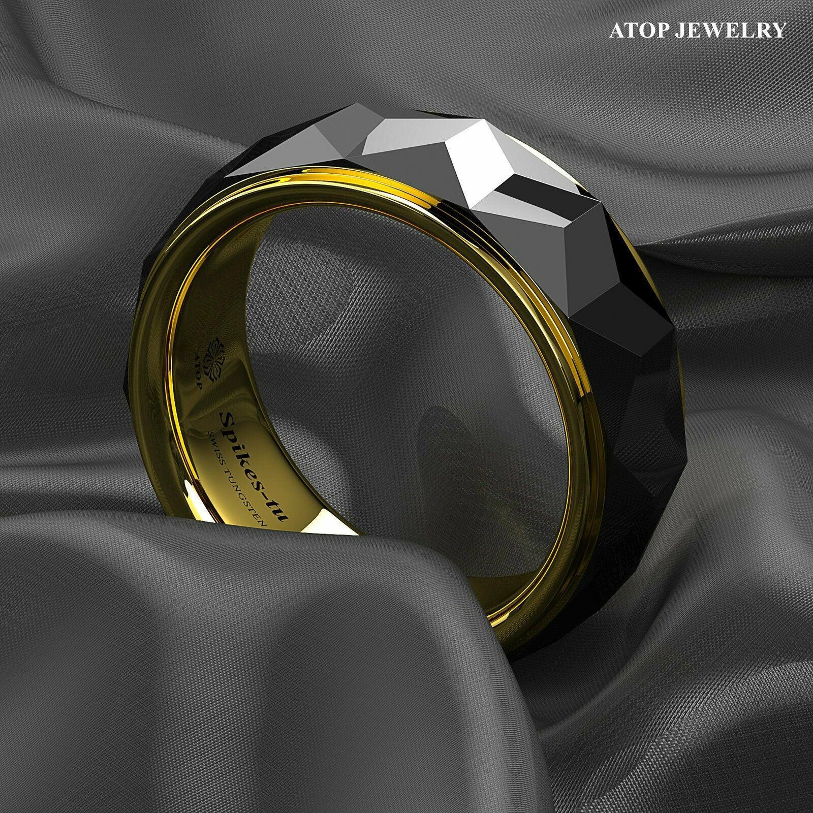 Tungsten Rings for Men Wedding Bands for Him Womens Wedding Bands for Her 8mm Black Gold Diamond Polished - Jewelry Store by Erik Rayo