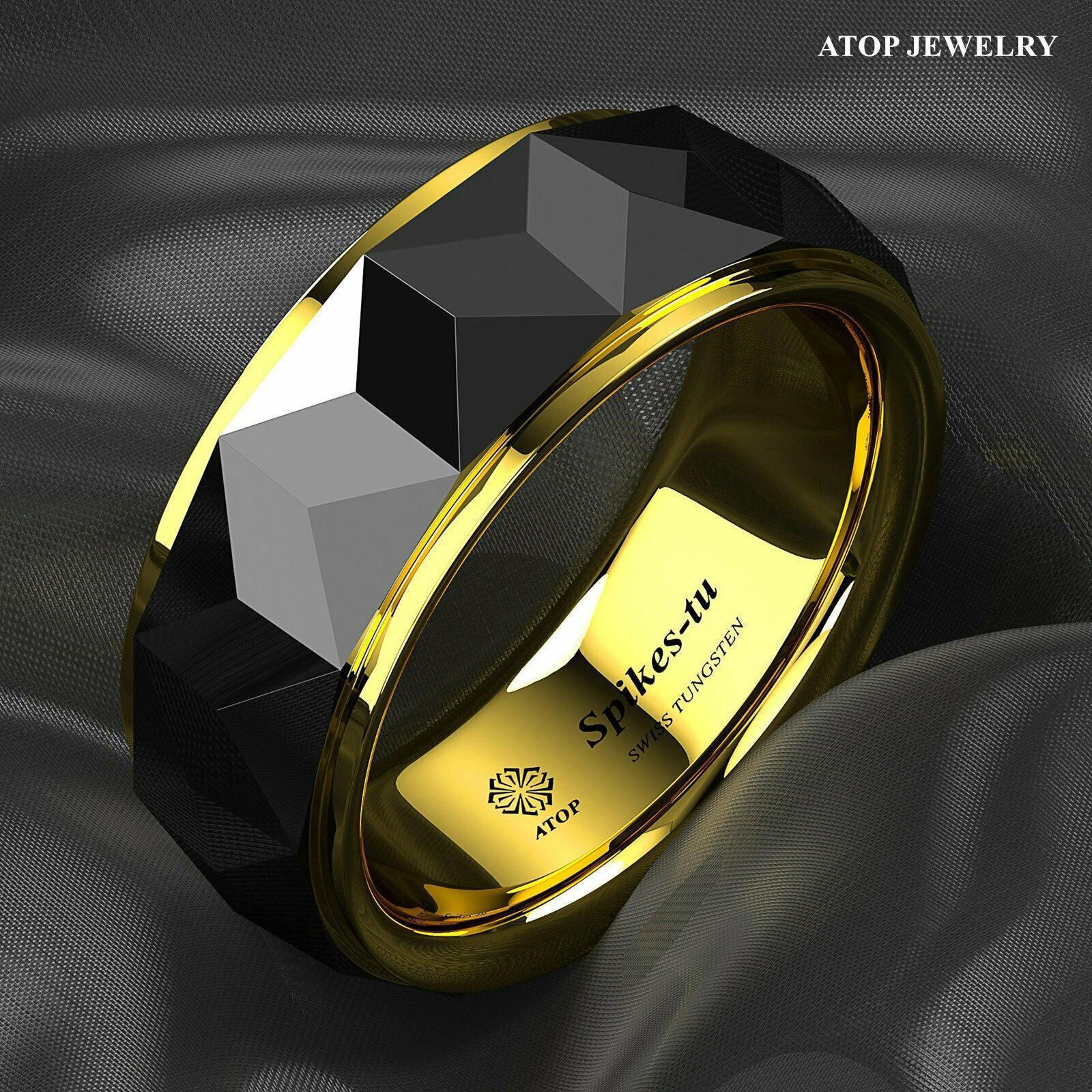 Tungsten Rings for Men Wedding Bands for Him Womens Wedding Bands for Her 8mm Black Gold Diamond Polished - Jewelry Store by Erik Rayo