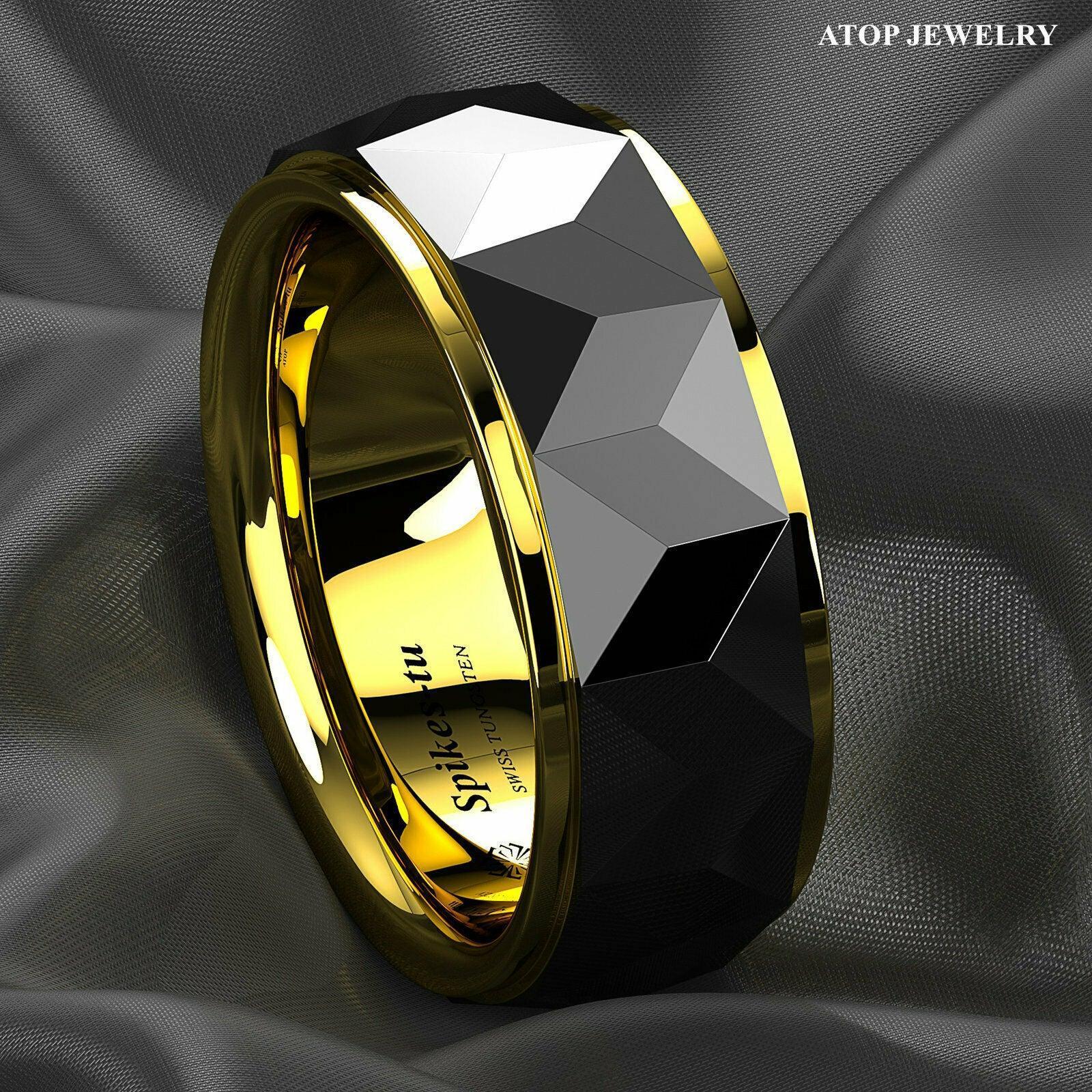 Tungsten Rings for Men Wedding Bands for Him Womens Wedding Bands for Her 8mm Black Gold Diamond Polished - Jewelry Store by Erik Rayo