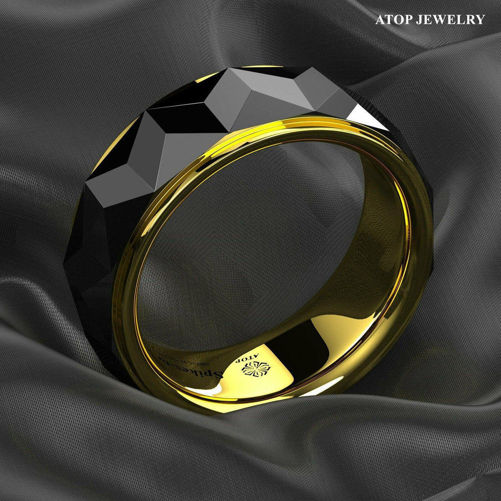 Tungsten Rings for Men Wedding Bands for Him Womens Wedding Bands for Her 8mm Black Gold Diamond Polished - Jewelry Store by Erik Rayo