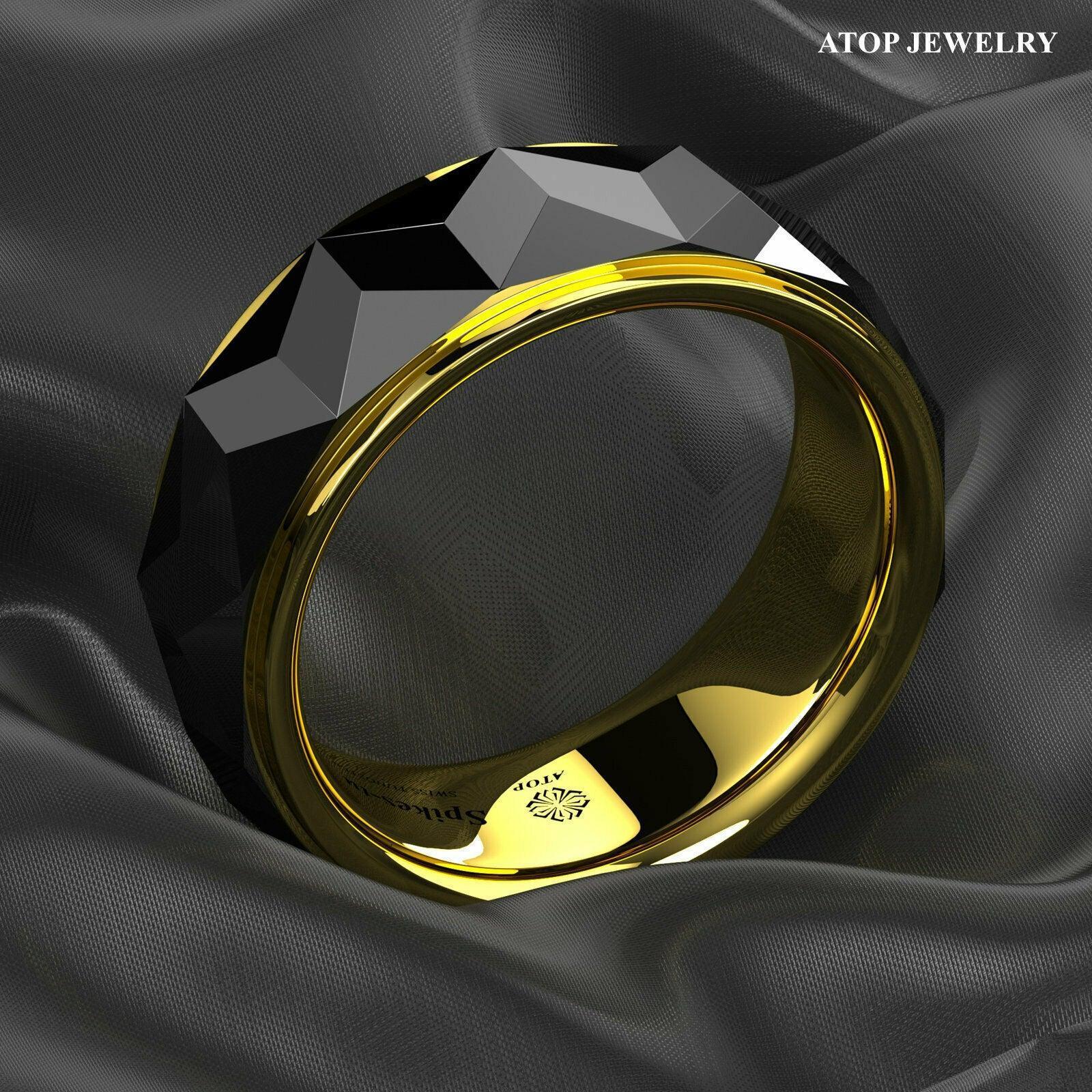 Tungsten Rings for Men Wedding Bands for Him Womens Wedding Bands for Her 8mm Black Gold Diamond Polished - Jewelry Store by Erik Rayo