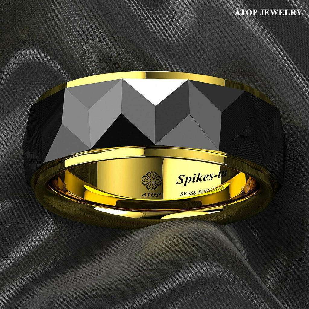 Tungsten Rings for Men Wedding Bands for Him Womens Wedding Bands for Her 8mm Black Gold Diamond Polished - Jewelry Store by Erik Rayo
