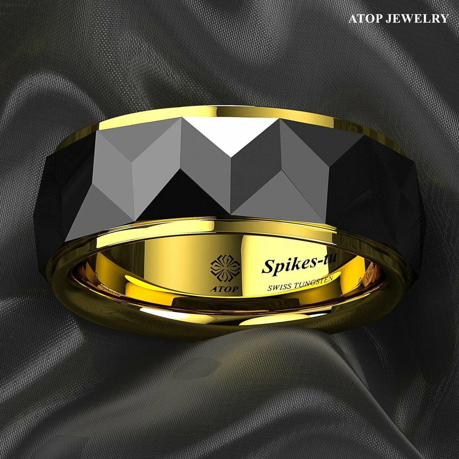 Tungsten Rings for Men Wedding Bands for Him Womens Wedding Bands for Her 8mm Black Gold Diamond Polished - Jewelry Store by Erik Rayo