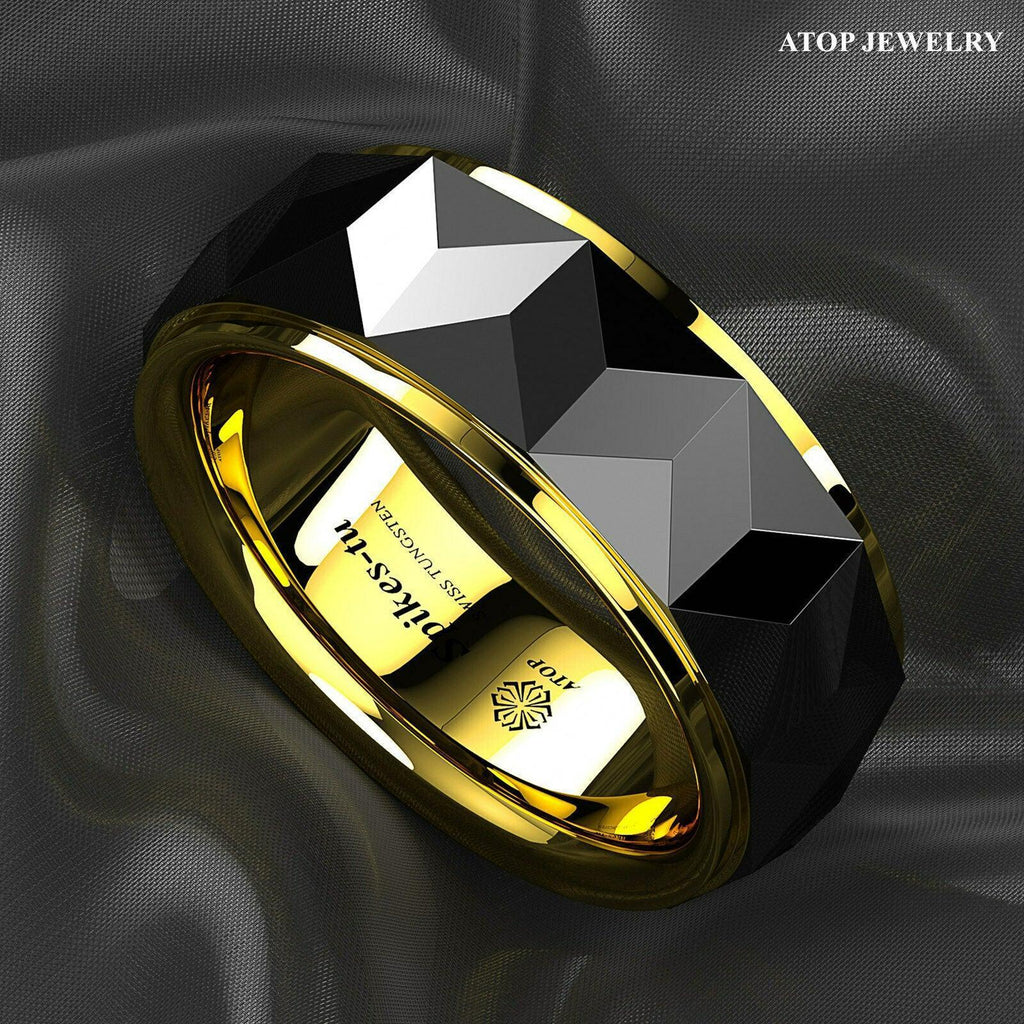 Tungsten Rings for Men Wedding Bands for Him Womens Wedding Bands for Her 8mm Black Gold Diamond Polished - Jewelry Store by Erik Rayo